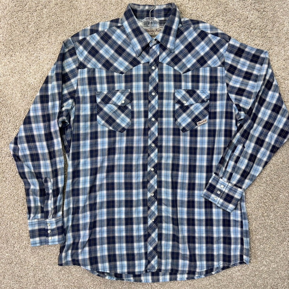Wrangler Shirt Mens XLT Wrancher Blue Plaid Western Pearl Snap EUC